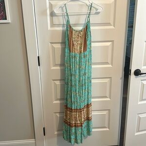 Lined, floral turquoise maxi dress with asjustable straps